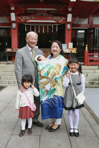 お宮参り写真 撮影場所 水天宮 日枝神社 お宮参り着物着付け、お宮参り着物着付け、母方祖父祖母、孫